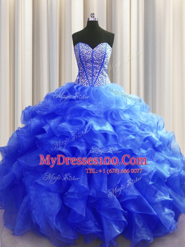Decent Visible Boning Royal Blue Sleeveless Floor Length Beading and Ruffles Lace Up Quinceanera Dresses