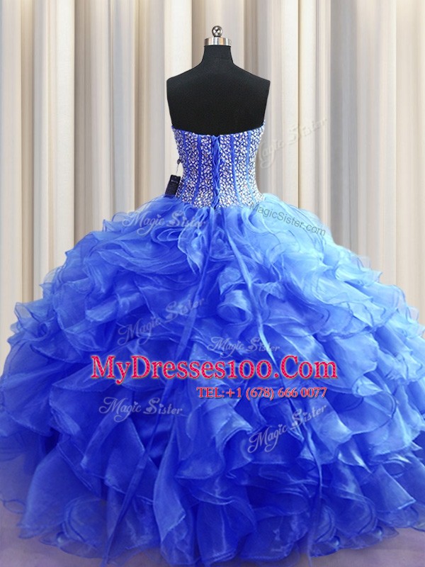 Decent Visible Boning Royal Blue Sleeveless Floor Length Beading and Ruffles Lace Up Quinceanera Dresses