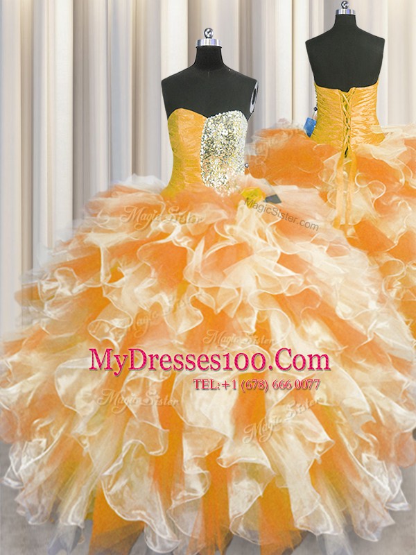 Spectacular Floor Length Multi-color Sweet 16 Dress Organza Sleeveless Beading and Ruffles