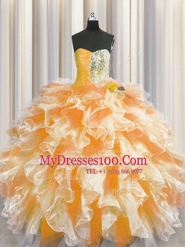 Spectacular Floor Length Multi-color Sweet 16 Dress Organza Sleeveless Beading and Ruffles