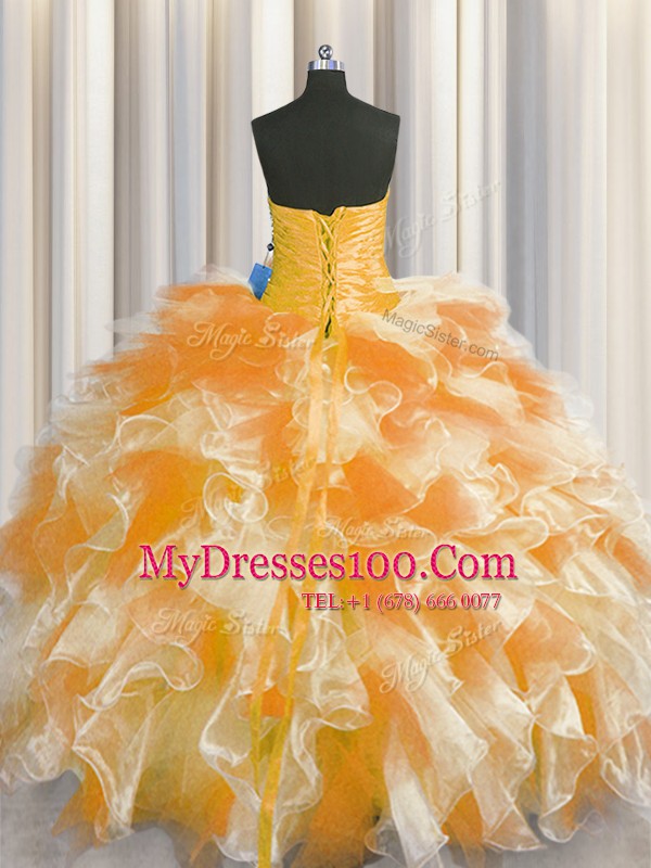 Spectacular Floor Length Multi-color Sweet 16 Dress Organza Sleeveless Beading and Ruffles