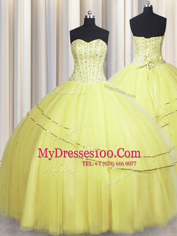 Visible Boning Really Puffy Light Yellow Sweetheart Lace Up Beading Quinceanera Dress Sleeveless