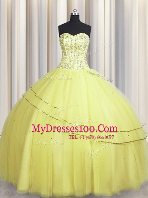 Visible Boning Really Puffy Light Yellow Sweetheart Lace Up Beading Quinceanera Dress Sleeveless