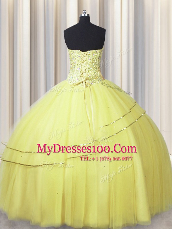 Visible Boning Really Puffy Light Yellow Sweetheart Lace Up Beading Quinceanera Dress Sleeveless