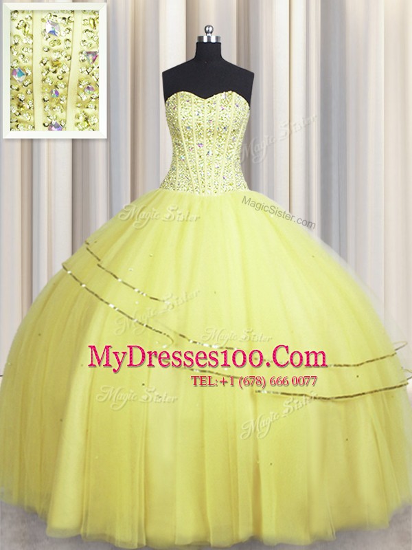 Visible Boning Really Puffy Light Yellow Sweetheart Lace Up Beading Quinceanera Dress Sleeveless