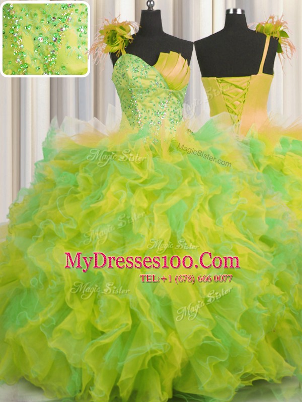 Handcrafted Flower Multi-color Ball Gowns One Shoulder Sleeveless Tulle Floor Length Lace Up Beading and Ruffles and Hand Made Flower Vestidos de Quinceanera