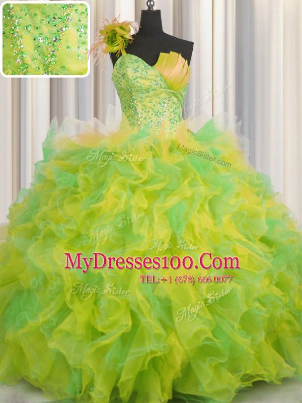 Handcrafted Flower Multi-color Ball Gowns One Shoulder Sleeveless Tulle Floor Length Lace Up Beading and Ruffles and Hand Made Flower Vestidos de Quinceanera