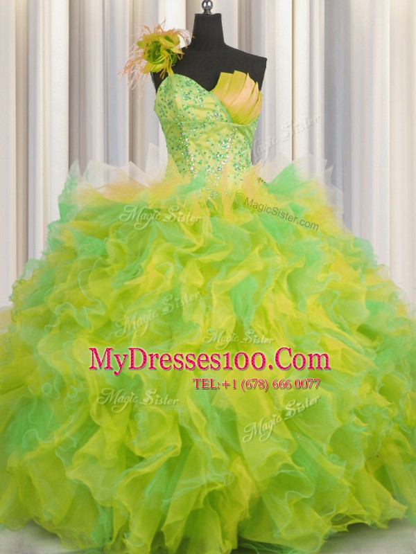 Handcrafted Flower Multi-color Ball Gowns One Shoulder Sleeveless Tulle Floor Length Lace Up Beading and Ruffles and Hand Made Flower Vestidos de Quinceanera