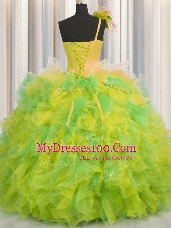 Handcrafted Flower Multi-color Ball Gowns One Shoulder Sleeveless Tulle Floor Length Lace Up Beading and Ruffles and Hand Made Flower Vestidos de Quinceanera