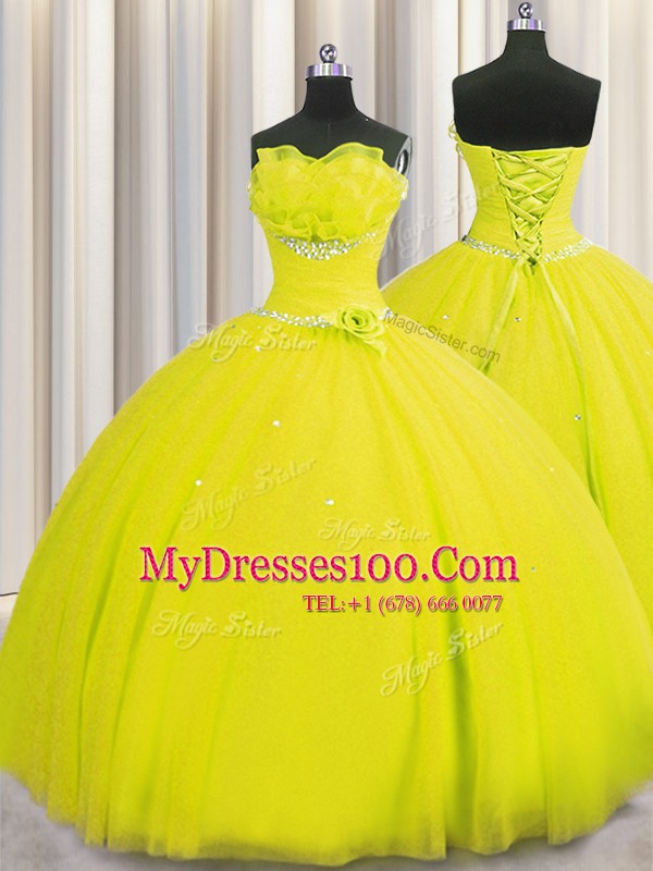 Handcrafted Flower Yellow Ball Gowns Tulle Strapless Sleeveless Beading and Sequins and Hand Made Flower Floor Length Lace Up Sweet 16 Quinceanera Dress