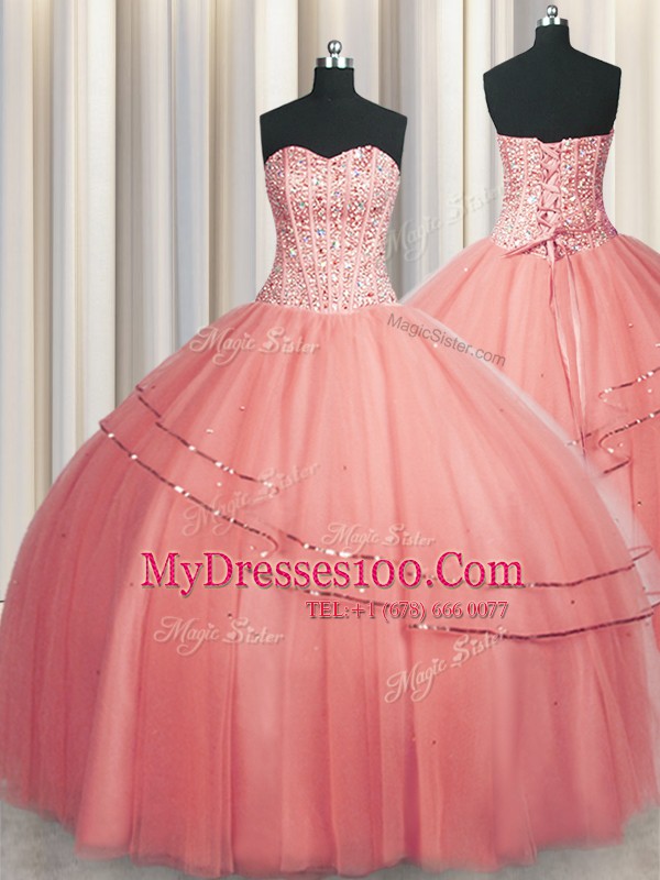 Attractive Visible Boning Puffy Skirt Watermelon Red Sleeveless Beading Floor Length Ball Gown Prom Dress