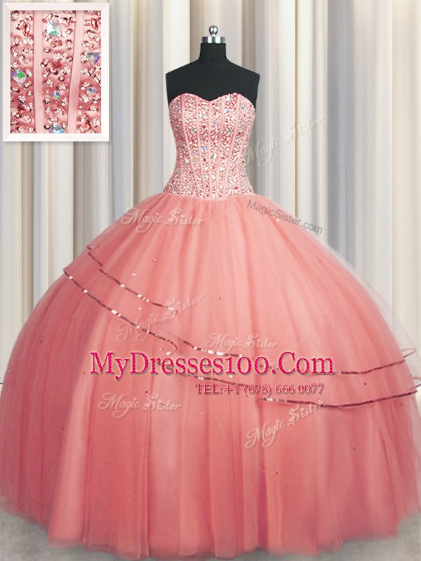 Attractive Visible Boning Puffy Skirt Watermelon Red Sleeveless Beading Floor Length Ball Gown Prom Dress