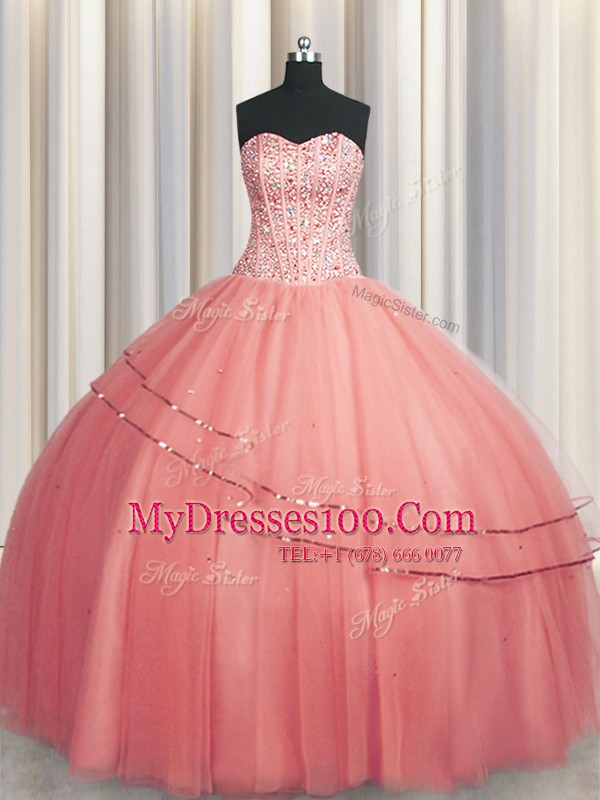 Attractive Visible Boning Puffy Skirt Watermelon Red Sleeveless Beading Floor Length Ball Gown Prom Dress