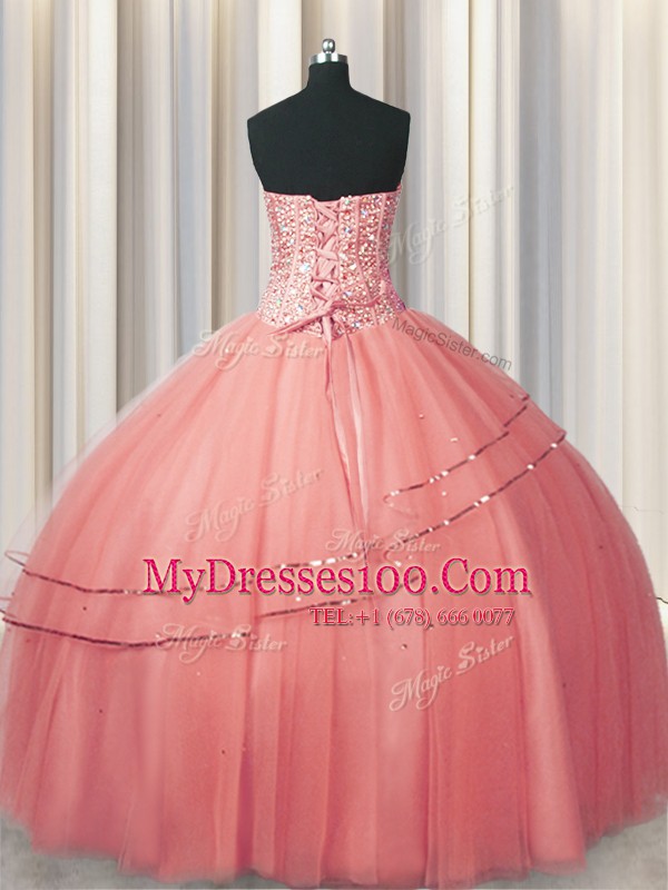 Attractive Visible Boning Puffy Skirt Watermelon Red Sleeveless Beading Floor Length Ball Gown Prom Dress