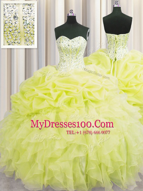 Visible Boning Yellow Sweetheart Lace Up Beading and Ruffles Quinceanera Dress Sleeveless