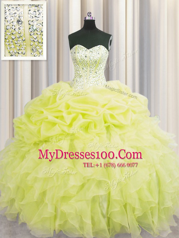 Visible Boning Yellow Sweetheart Lace Up Beading and Ruffles Quinceanera Dress Sleeveless