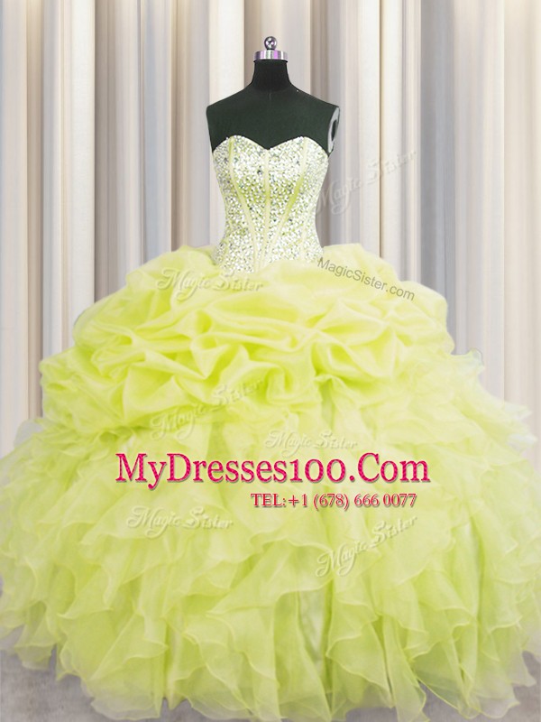 Visible Boning Yellow Sweetheart Lace Up Beading and Ruffles Quinceanera Dress Sleeveless