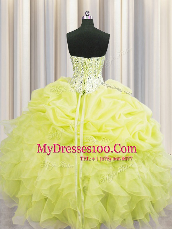 Visible Boning Yellow Sweetheart Lace Up Beading and Ruffles Quinceanera Dress Sleeveless