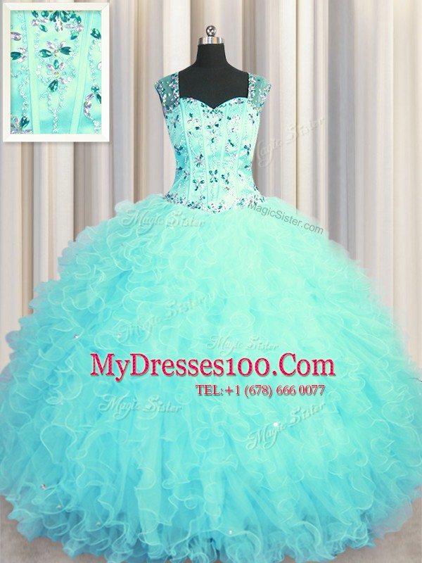 See Through Zipper Up Aqua Blue Sleeveless Tulle Zipper Quinceanera Dress for Military Ball and Sweet 16 and Quinceanera