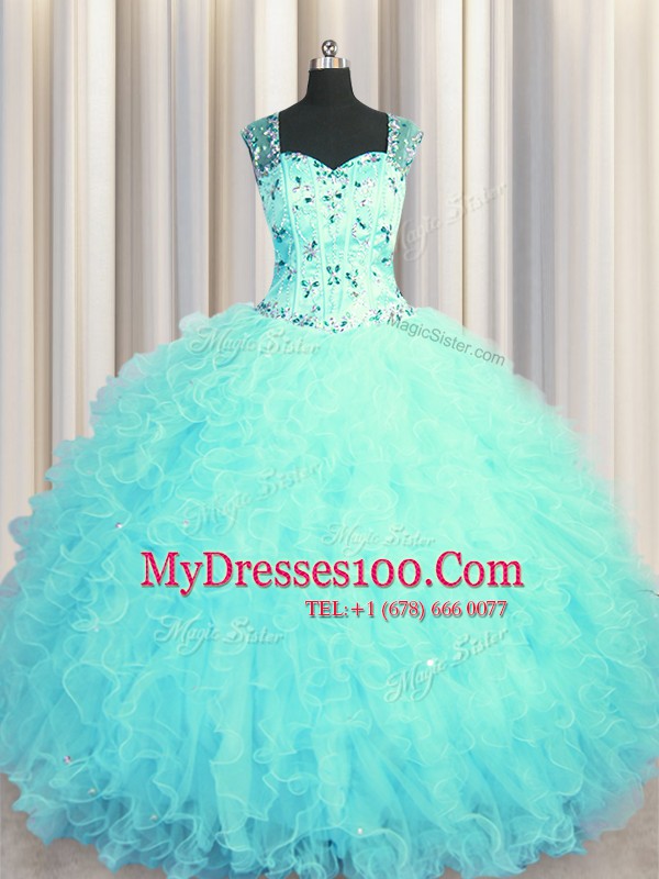 See Through Zipper Up Aqua Blue Sleeveless Tulle Zipper Quinceanera Dress for Military Ball and Sweet 16 and Quinceanera