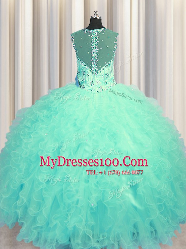 See Through Zipper Up Aqua Blue Sleeveless Tulle Zipper Quinceanera Dress for Military Ball and Sweet 16 and Quinceanera