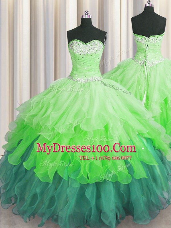 Fitting Sweetheart Sleeveless Quinceanera Dress Floor Length Beading and Ruffles and Ruffled Layers and Sequins Multi-color Organza
