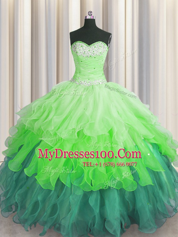 Fitting Sweetheart Sleeveless Quinceanera Dress Floor Length Beading and Ruffles and Ruffled Layers and Sequins Multi-color Organza