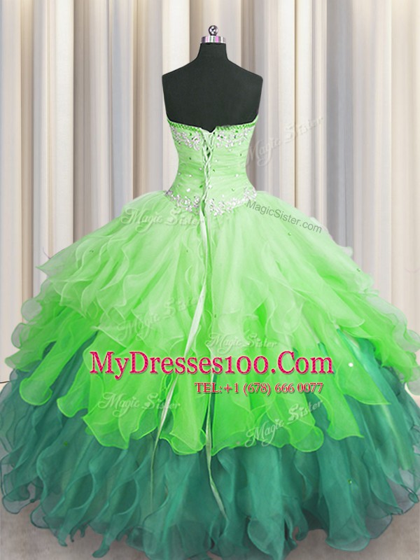 Fitting Sweetheart Sleeveless Quinceanera Dress Floor Length Beading and Ruffles and Ruffled Layers and Sequins Multi-color Organza