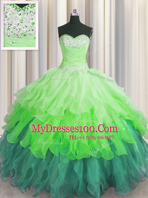 Fitting Sweetheart Sleeveless Quinceanera Dress Floor Length Beading and Ruffles and Ruffled Layers and Sequins Multi-color Organza