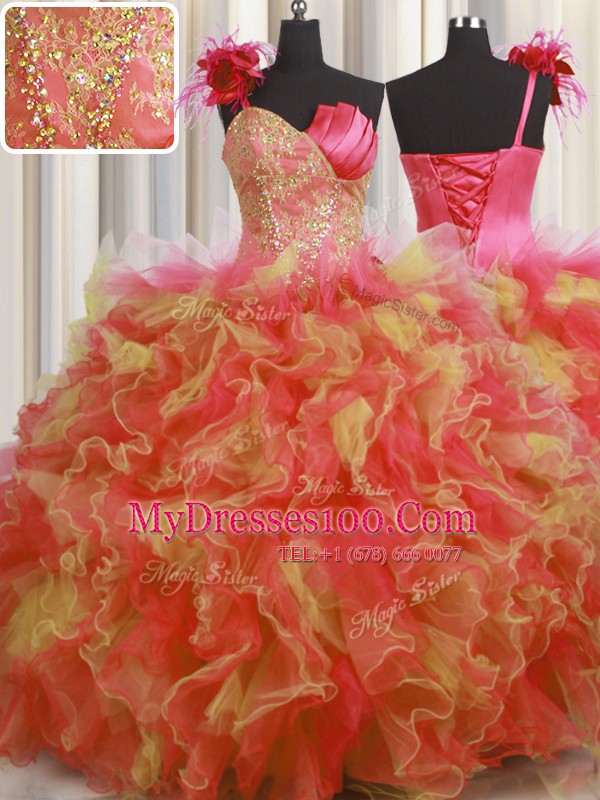 One Shoulder Handcrafted Flower Sleeveless Lace Up Floor Length Beading and Ruffles and Hand Made Flower Quinceanera Dresses