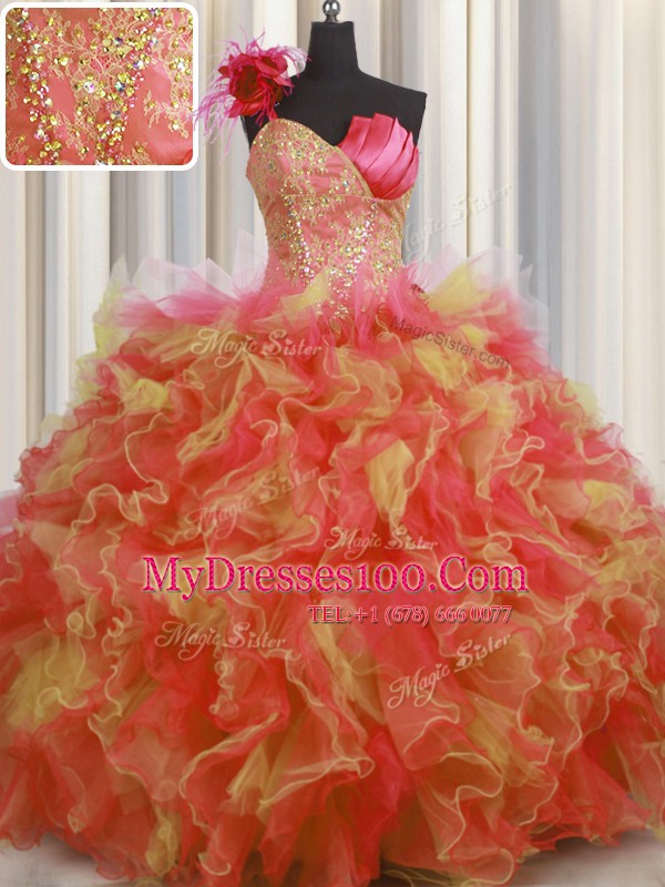 One Shoulder Handcrafted Flower Sleeveless Lace Up Floor Length Beading and Ruffles and Hand Made Flower Quinceanera Dresses