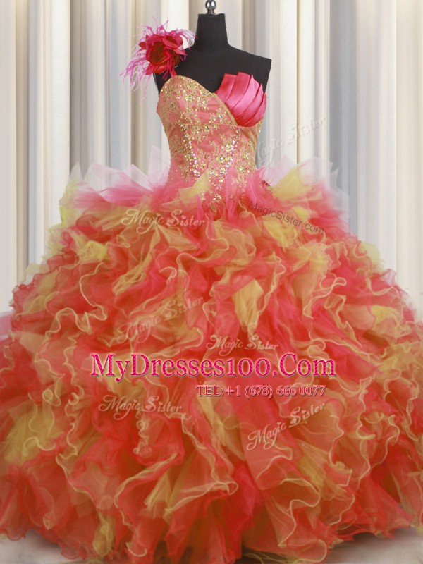 One Shoulder Handcrafted Flower Sleeveless Lace Up Floor Length Beading and Ruffles and Hand Made Flower Quinceanera Dresses