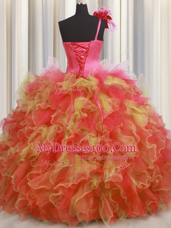 One Shoulder Handcrafted Flower Sleeveless Lace Up Floor Length Beading and Ruffles and Hand Made Flower Quinceanera Dresses
