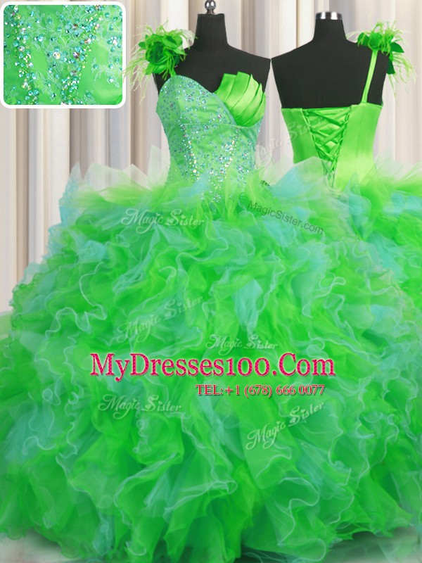 Adorable One Shoulder Handcrafted Flower Sleeveless Floor Length Beading and Ruffles and Hand Made Flower Lace Up Vestidos de Quinceanera with Multi-color