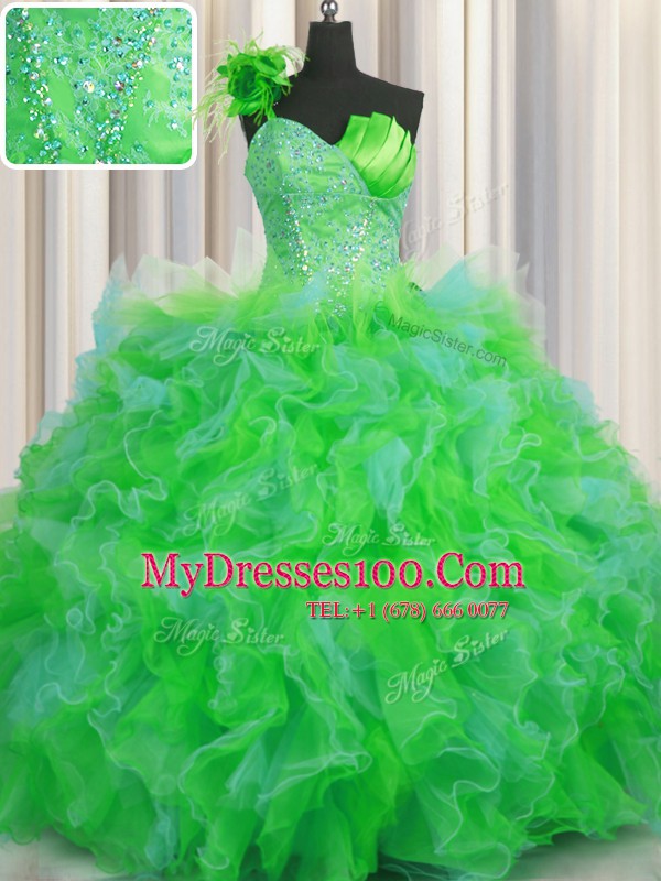 Adorable One Shoulder Handcrafted Flower Sleeveless Floor Length Beading and Ruffles and Hand Made Flower Lace Up Vestidos de Quinceanera with Multi-color