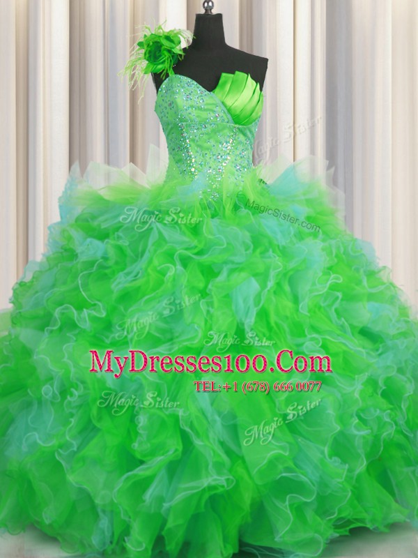 Adorable One Shoulder Handcrafted Flower Sleeveless Floor Length Beading and Ruffles and Hand Made Flower Lace Up Vestidos de Quinceanera with Multi-color