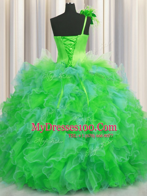 Adorable One Shoulder Handcrafted Flower Sleeveless Floor Length Beading and Ruffles and Hand Made Flower Lace Up Vestidos de Quinceanera with Multi-color