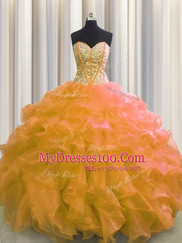 Attractive Visible Boning Organza Sweetheart Sleeveless Lace Up Beading and Ruffles Quinceanera Dresses in Orange