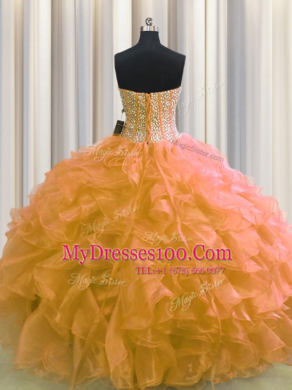 Attractive Visible Boning Organza Sweetheart Sleeveless Lace Up Beading and Ruffles Quinceanera Dresses in Orange