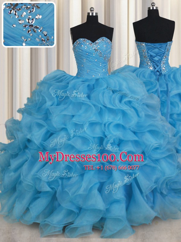 Floor Length Baby Blue 15th Birthday Dress Organza Sleeveless Beading and Ruffles