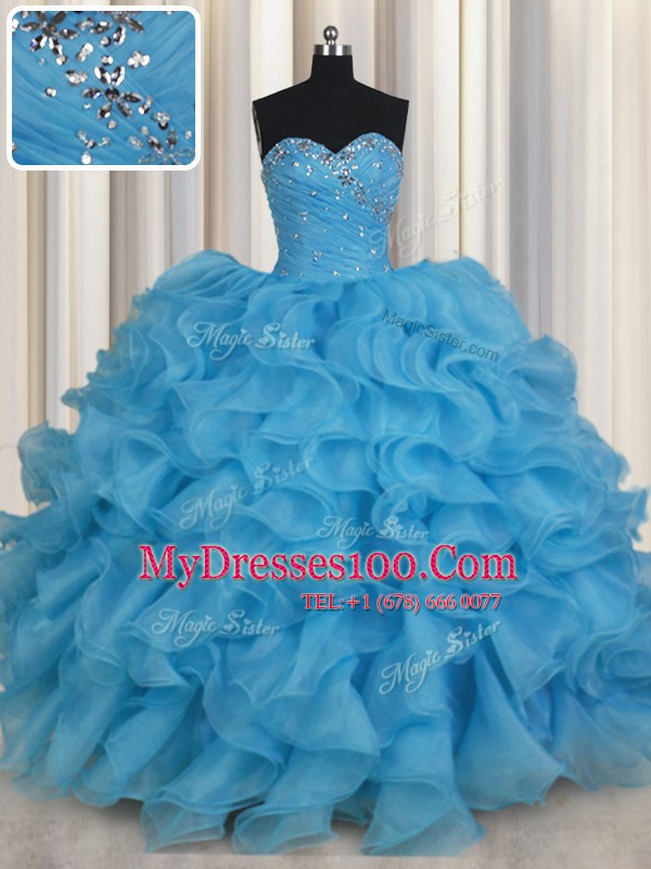 Floor Length Baby Blue 15th Birthday Dress Organza Sleeveless Beading and Ruffles