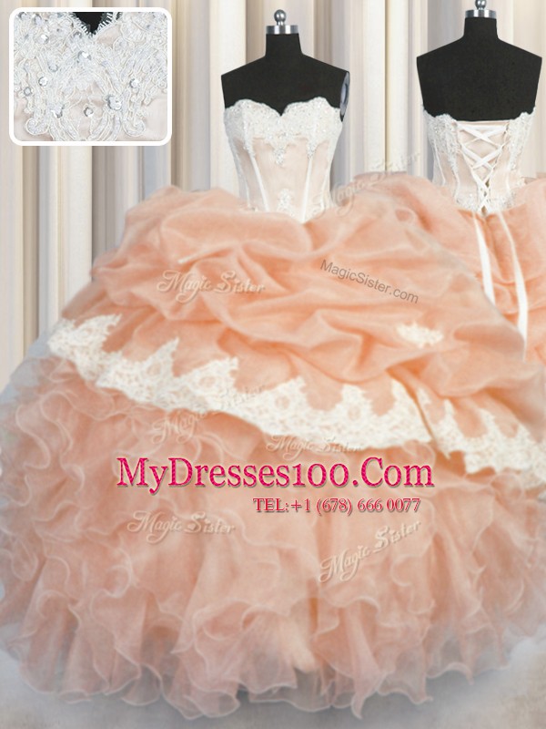 Peach Sweetheart Neckline Appliques and Ruffles and Pick Ups Quinceanera Dresses Sleeveless Lace Up
