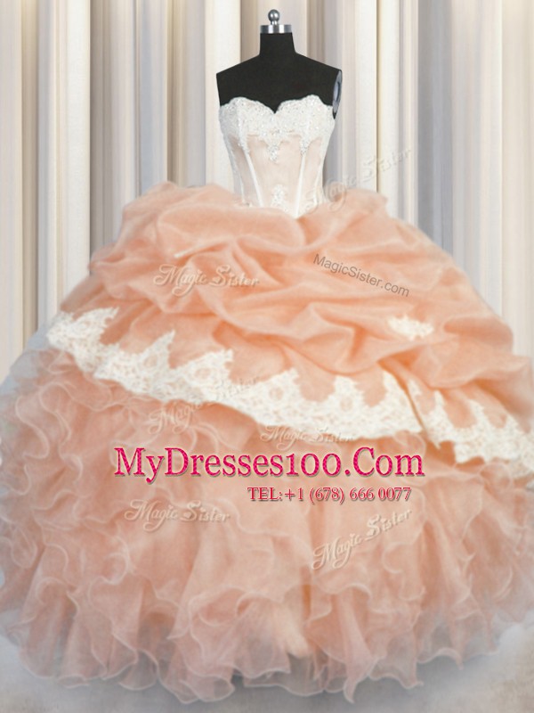 Peach Sweetheart Neckline Appliques and Ruffles and Pick Ups Quinceanera Dresses Sleeveless Lace Up