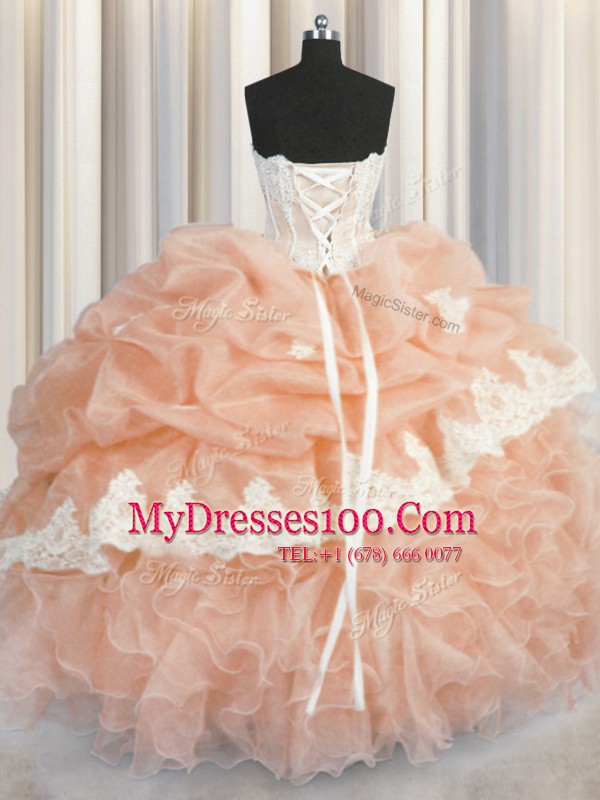 Peach Sweetheart Neckline Appliques and Ruffles and Pick Ups Quinceanera Dresses Sleeveless Lace Up