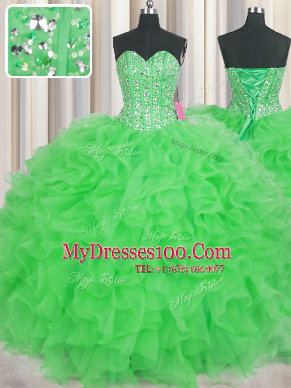 Visible Boning Green Sweetheart Lace Up Beading and Ruffles 15 Quinceanera Dress Sleeveless