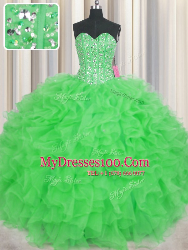 Visible Boning Green Sweetheart Lace Up Beading and Ruffles 15 Quinceanera Dress Sleeveless