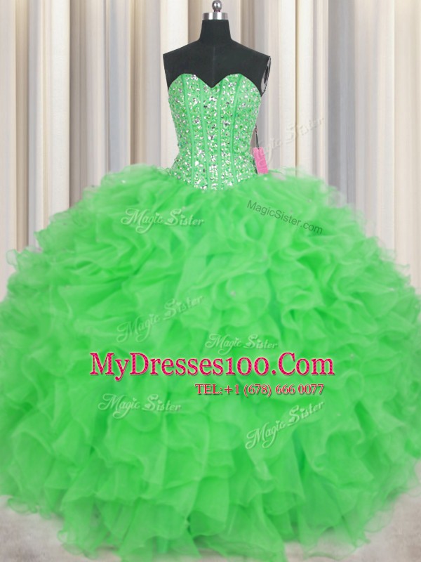 Visible Boning Green Sweetheart Lace Up Beading and Ruffles 15 Quinceanera Dress Sleeveless