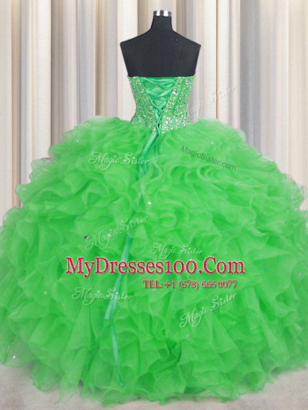 Visible Boning Green Sweetheart Lace Up Beading and Ruffles 15 Quinceanera Dress Sleeveless