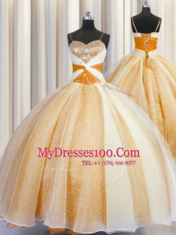 Orange Organza Lace Up Spaghetti Straps Sleeveless Floor Length Sweet 16 Dresses Beading and Ruching