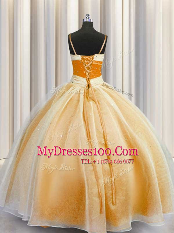 Orange Organza Lace Up Spaghetti Straps Sleeveless Floor Length Sweet 16 Dresses Beading and Ruching